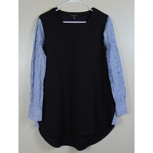 Lane Bryant Womens 14/16 Black Tunic Top Blue Striped Sleeves Career Plus Church